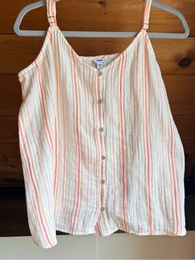 Super Soft Button-Front Striped Tank Top  - Cream w Peach Pink Stripes Cotton L